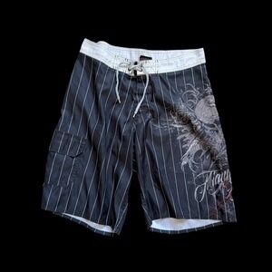 2010 Miami Ink‎ Board Shorts Sz 36 Black Pinstripe Skull Flames Swim Trunks